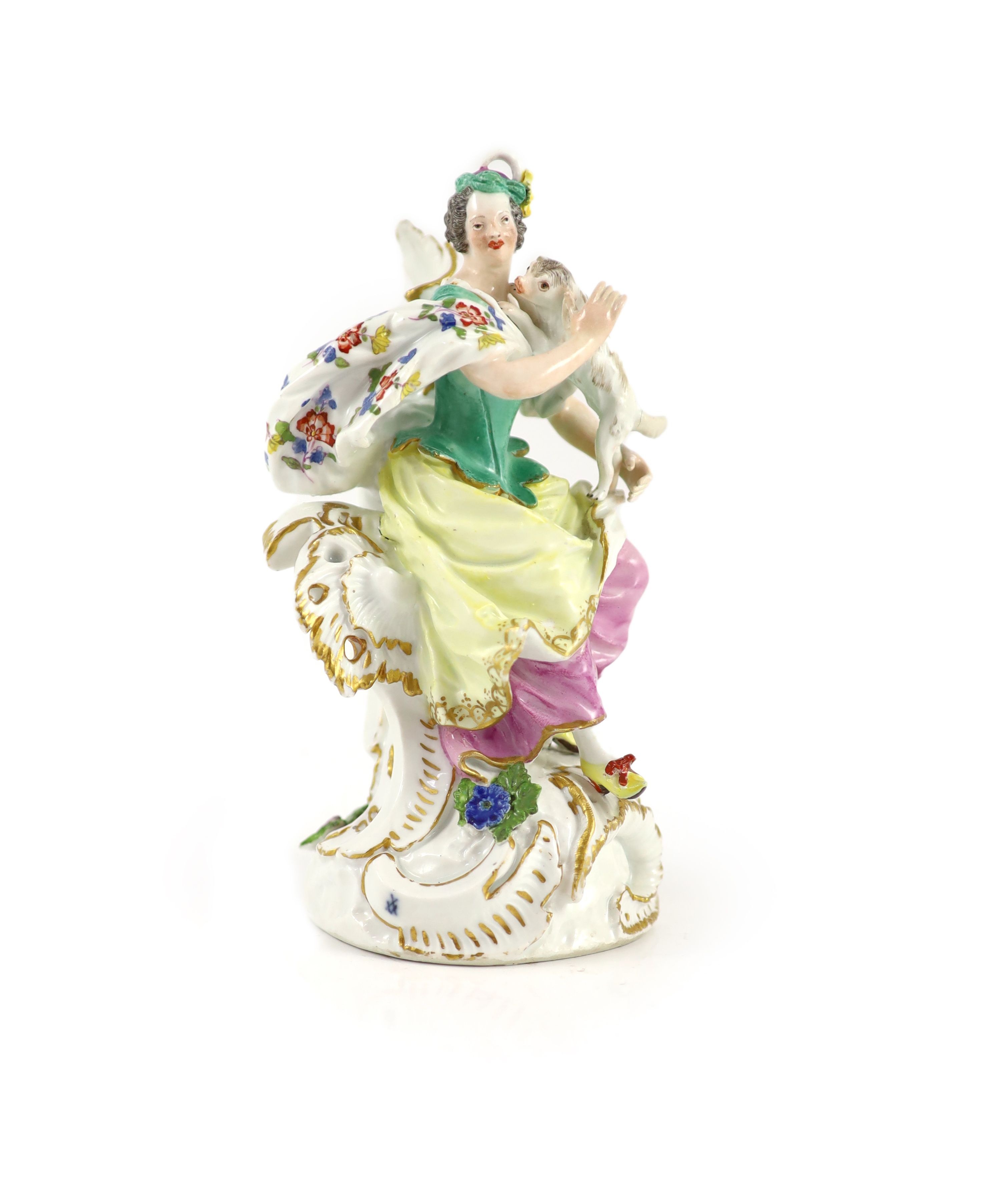 A Meissen rococo group of a seated lady and a dog c.1760, 18 cm high, some restorations